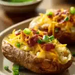 Twice-Baked Loaded Breakfast Potatoes with cheese and herbs on a white plate