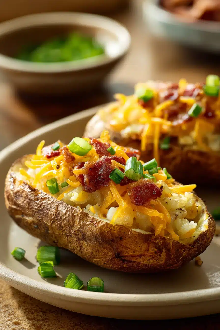 Twice-Baked Loaded Breakfast Potatoes with cheese and herbs on a white plate