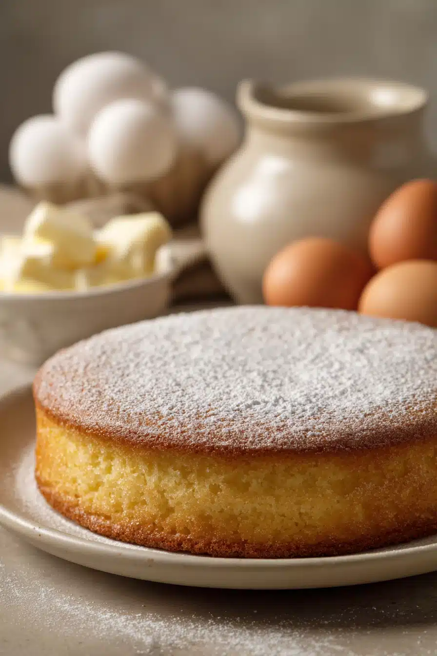 Close-up of a vanilla cake with low sugar, showcasing its texture and light color.