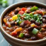 Close-up of vegan slow cooker chili with beans and vegetables in a bowl