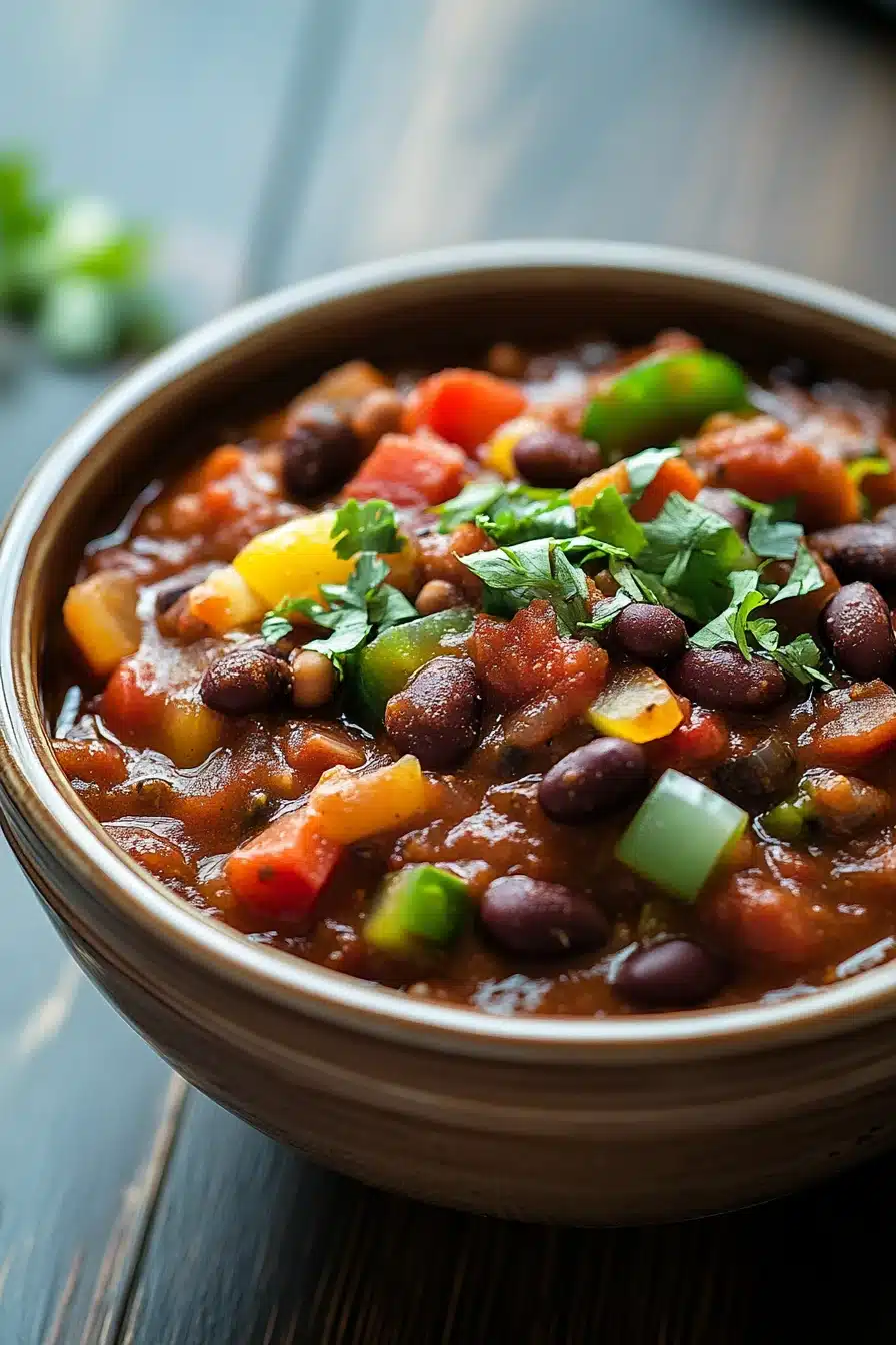 Close-up of vegan slow cooker chili with beans and vegetables in a bowl