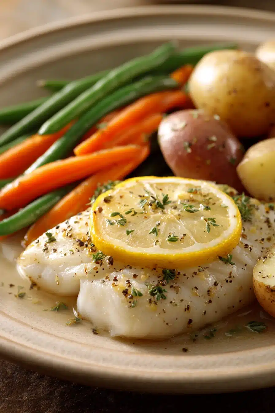 Close-up of a white fish dinner with lemon slices and herbs on a clean plate.