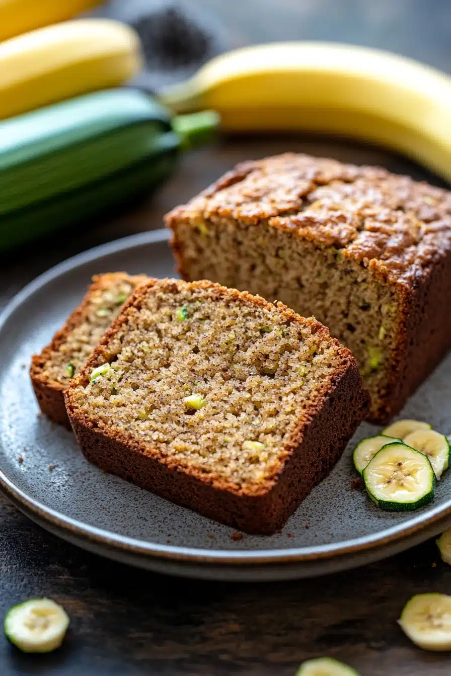 Close-up of zucchini bread with banana on a wooden board, showcasing texture and color.