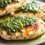Close-up of air fryer chicken breast with pesto sauce, garnished with fresh herbs.