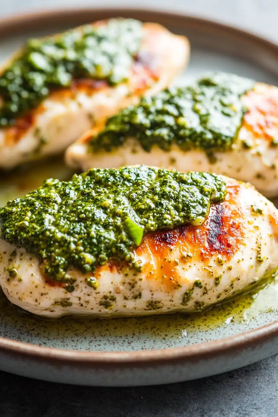 Close-up of air fryer chicken breast with pesto sauce, garnished with fresh herbs.