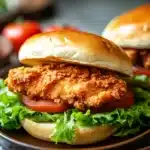 Close-up of an air fryer chicken thigh sandwich with lettuce and sauce