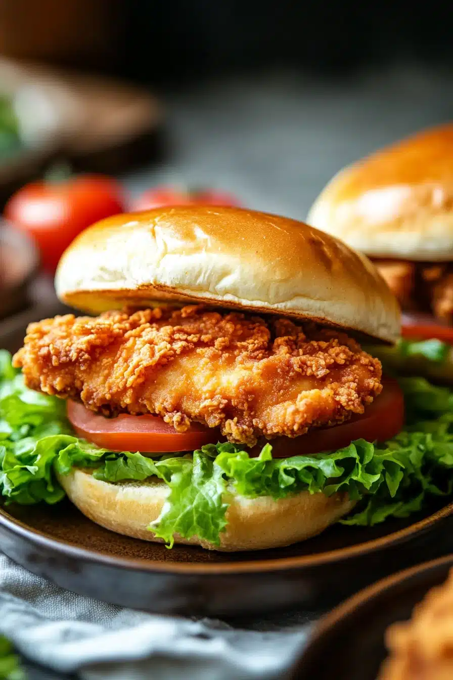 Close-up of an air fryer chicken thigh sandwich with lettuce and sauce