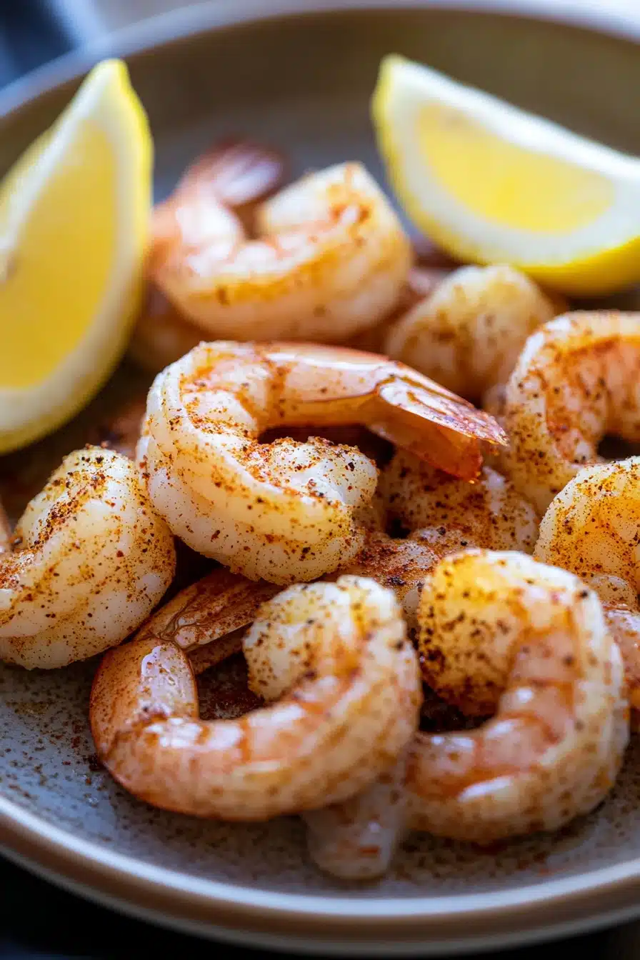 Close-up of air fryer frozen shrimp with a golden crispy texture