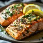 Close-up of air fryer lemon butter salmon with a slice of lemon and herbs on top