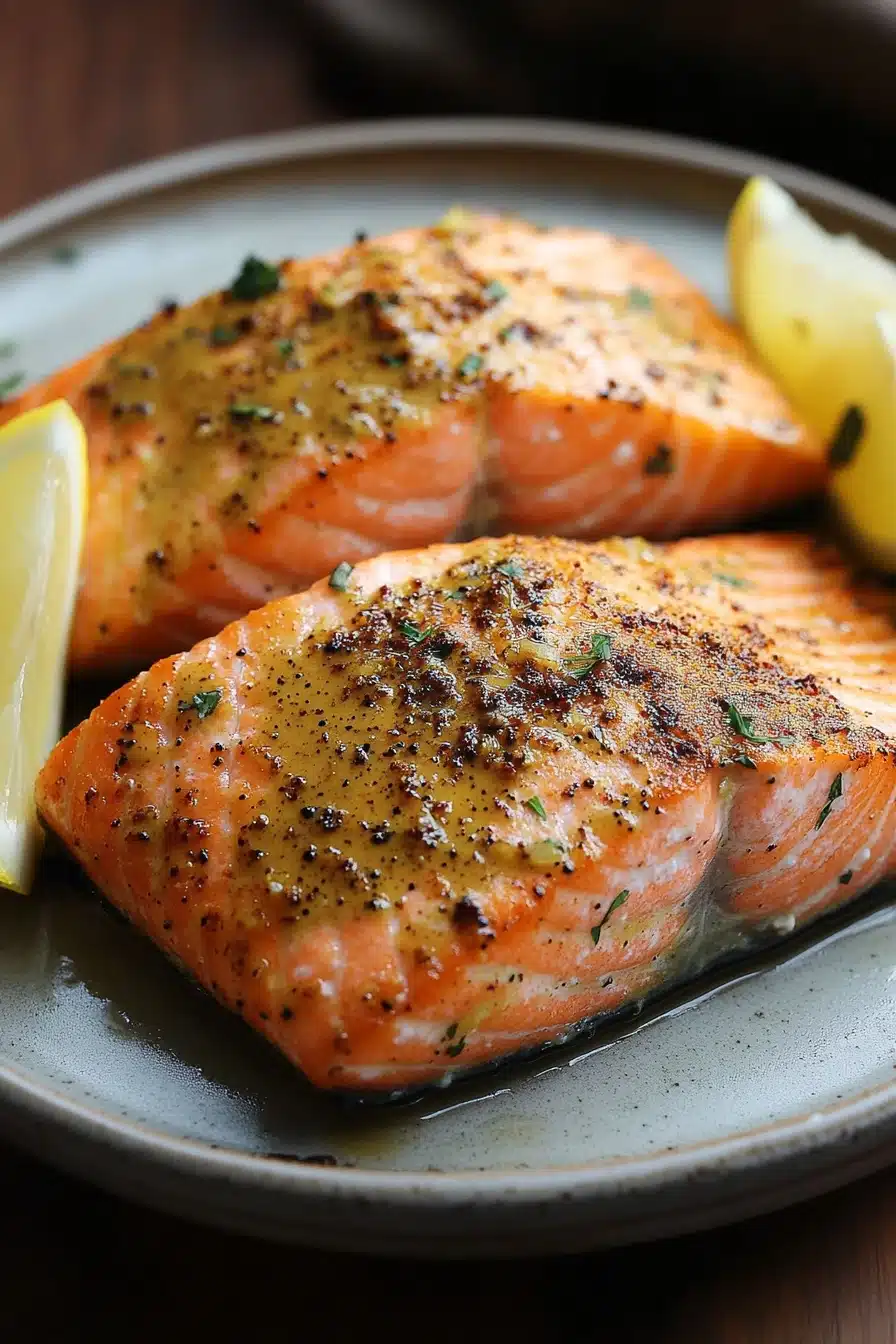 Close-up of air fryer salmon with dijon mustard glaze on a white plate.