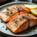 Close-up of air fryer salmon filet with crispy skin and herbs