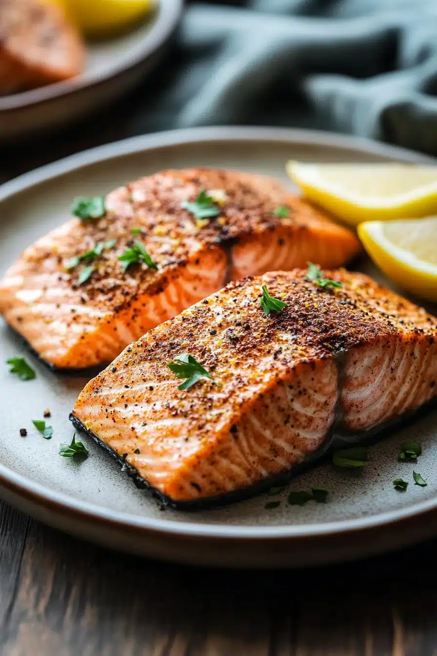 Close-up of air fryer salmon filet with crispy skin and herbs