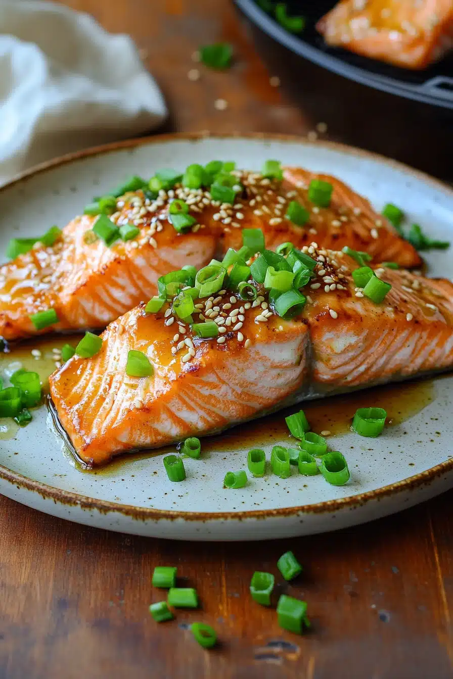 Close-up of air fryer salmon with ginger garnished with herbs on a white plate