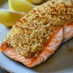 Close-up of air fryer salmon with a crispy panko crust on a white plate.