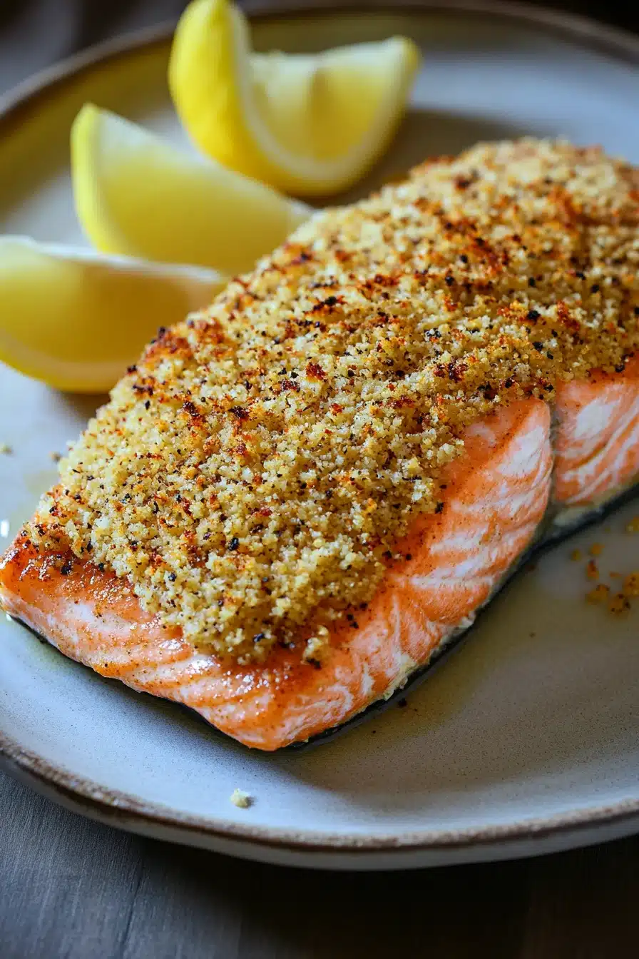 Close-up of air fryer salmon with a crispy panko crust on a white plate.