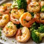 Close-up of air fryer shrimp and broccoli with vibrant colors and appetizing presentation