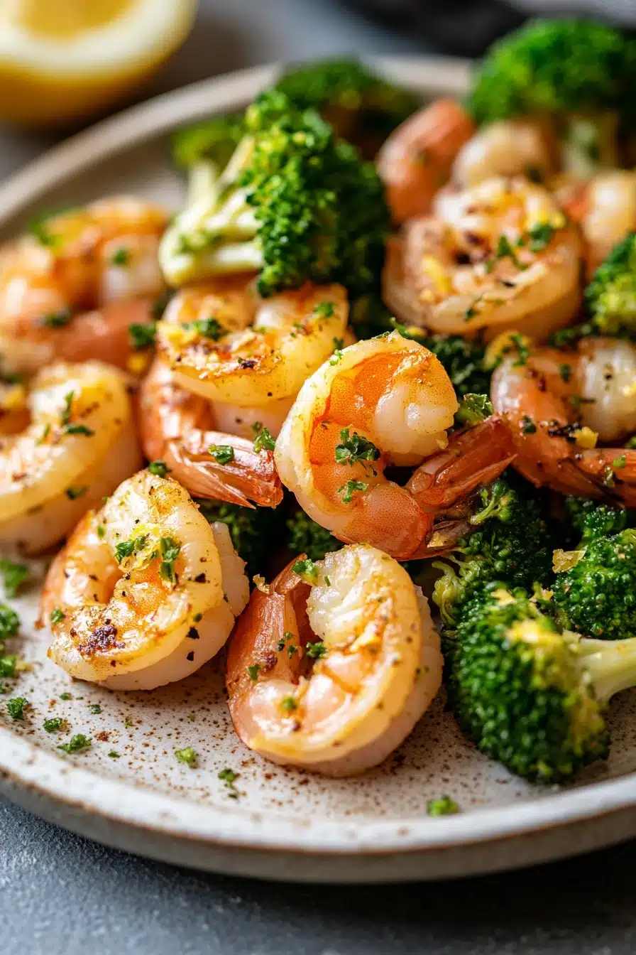 Close-up of air fryer shrimp and broccoli with vibrant colors and appetizing presentation