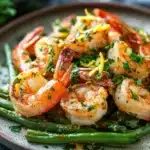 Close-up of air fryer shrimp and green beans with bright natural lighting
