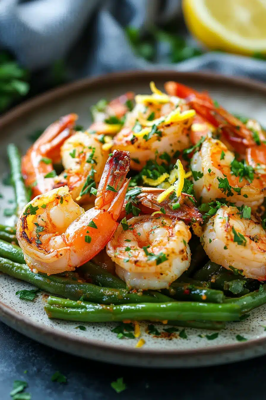 Close-up of air fryer shrimp and green beans with bright natural lighting