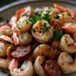 Close-up of air fryer shrimp and sausage with bright natural lighting