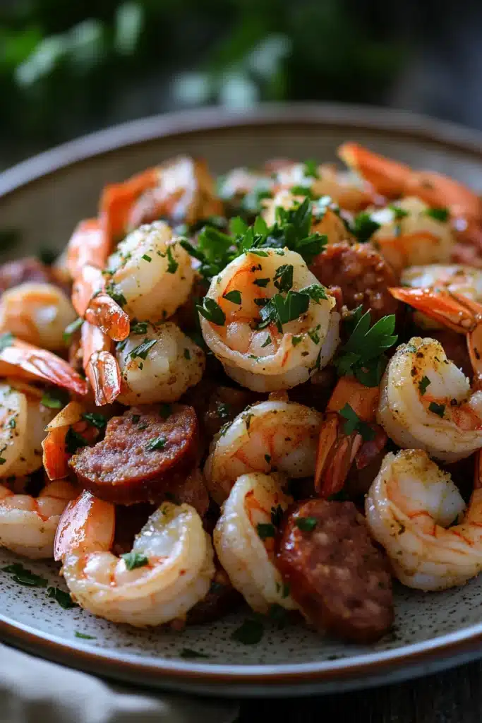 Close-up of air fryer shrimp and sausage with bright natural lighting