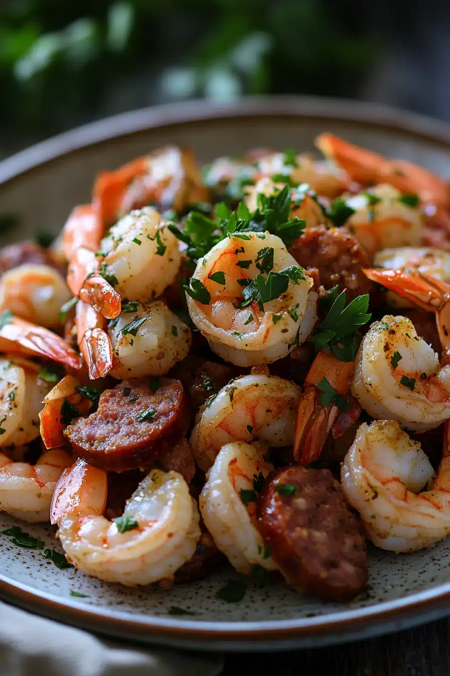 Close-up of air fryer shrimp and sausage with bright natural lighting
