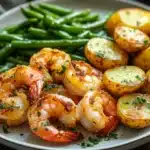 Close-up of air fryer shrimp dinner with bright, natural lighting and minimal background.