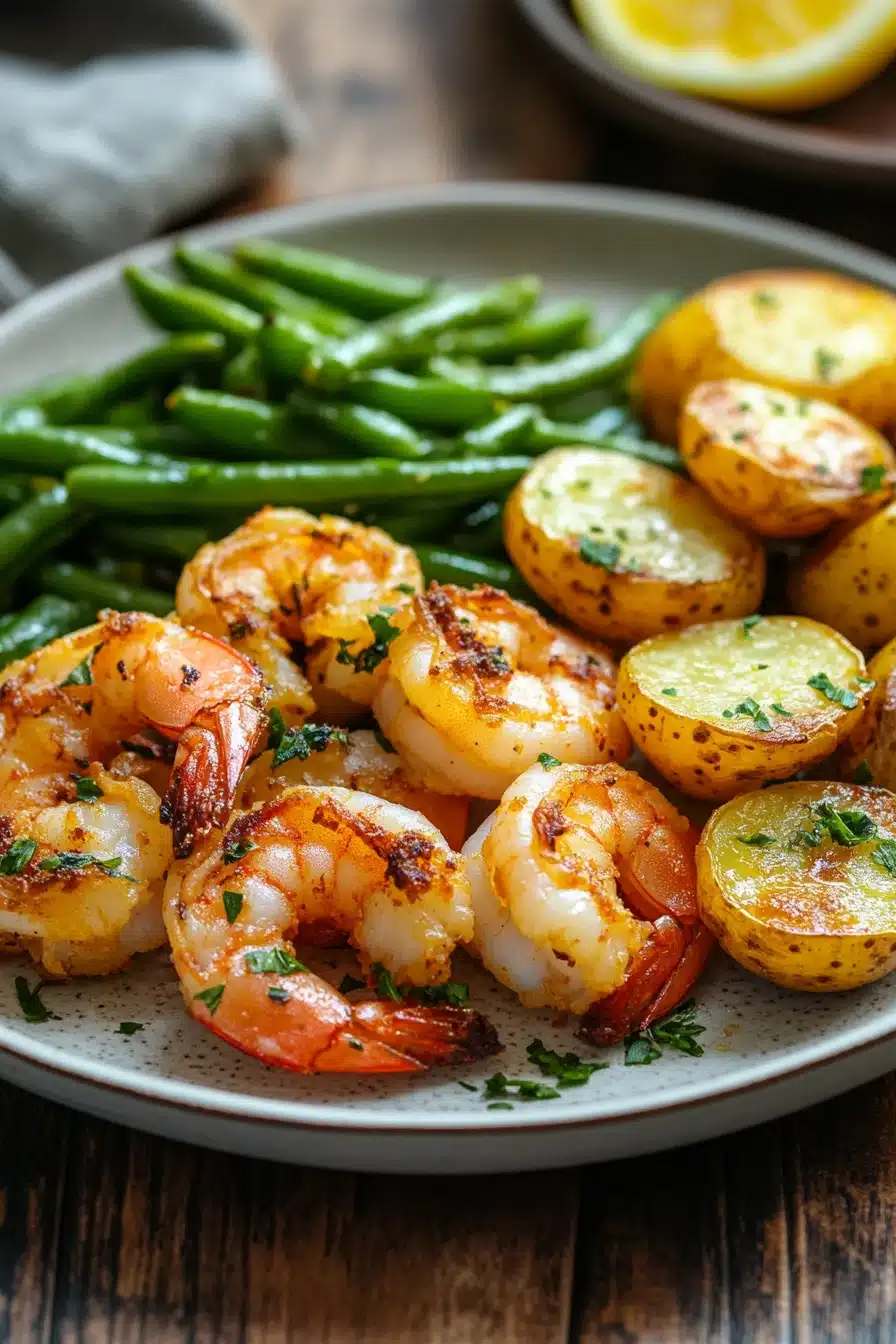 Close-up of air fryer shrimp dinner with bright, natural lighting and minimal background.