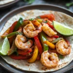Close-up of air fryer shrimp fajitas with colorful peppers and onions