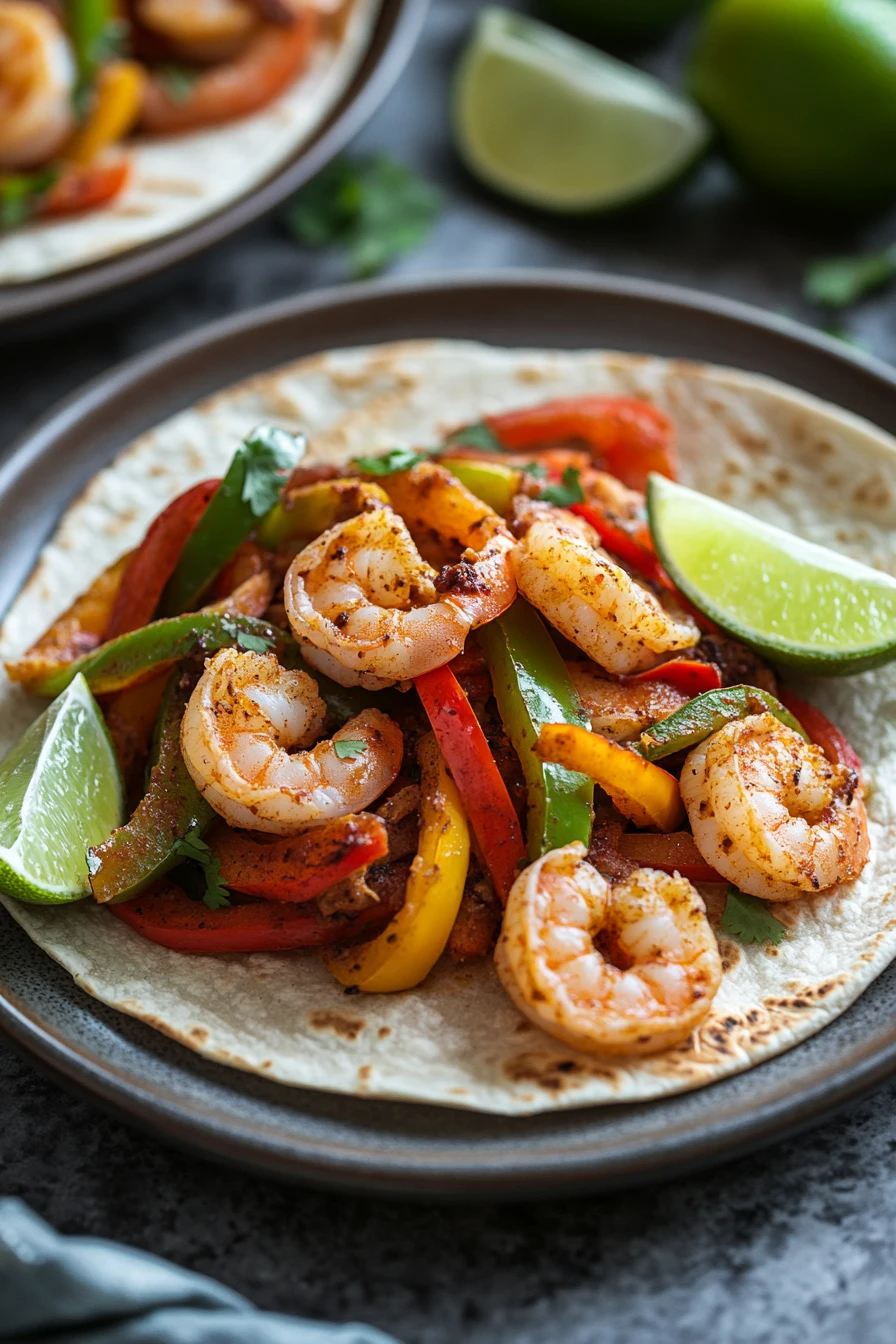 Close-up of air fryer shrimp fajitas with colorful peppers and onions