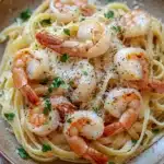 Close-up of air fryer shrimp served on pasta with a minimal background