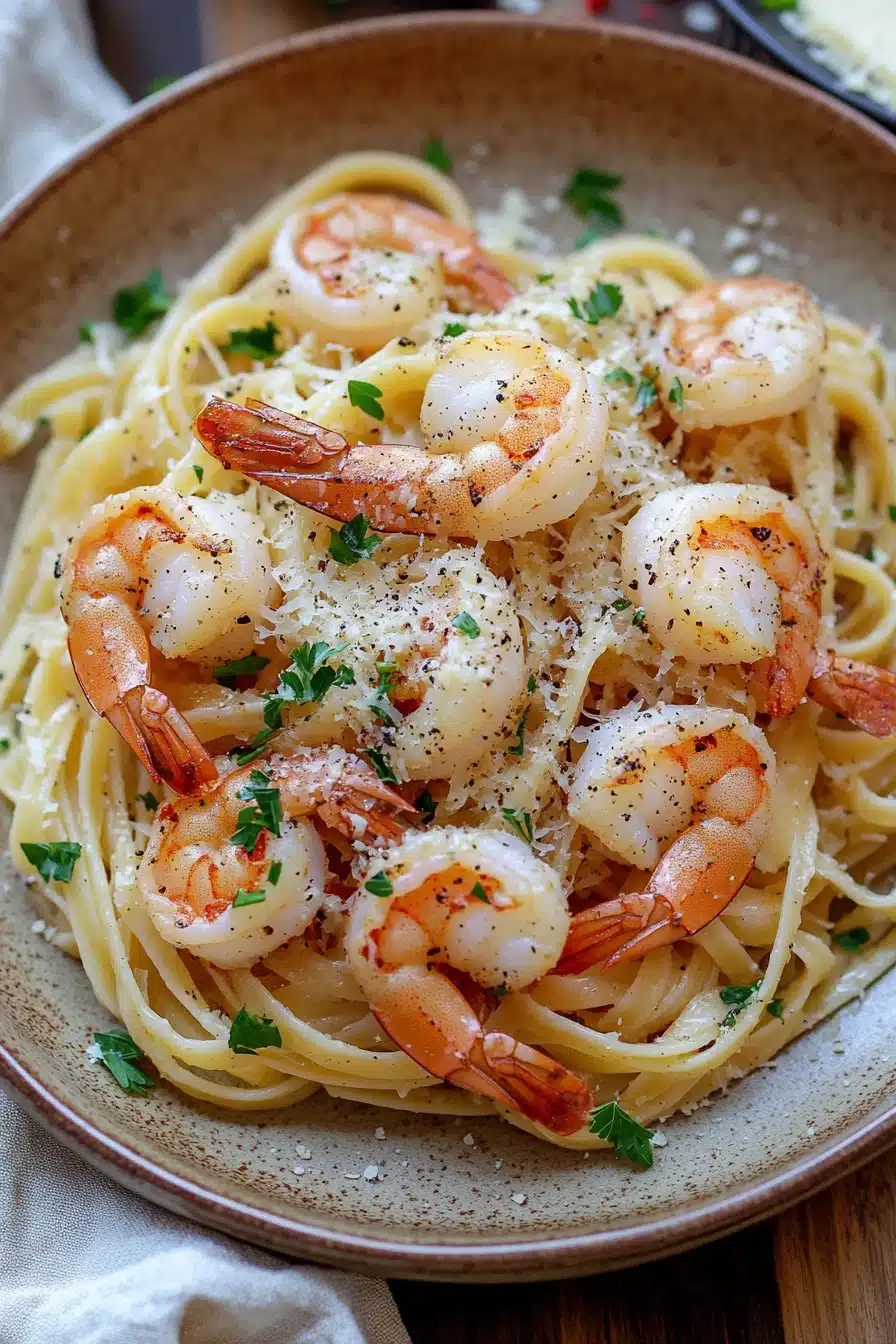 Close-up of air fryer shrimp served on pasta with a minimal background