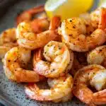 Close-up of air fryer shrimp with shell on, served on a clean white plate.