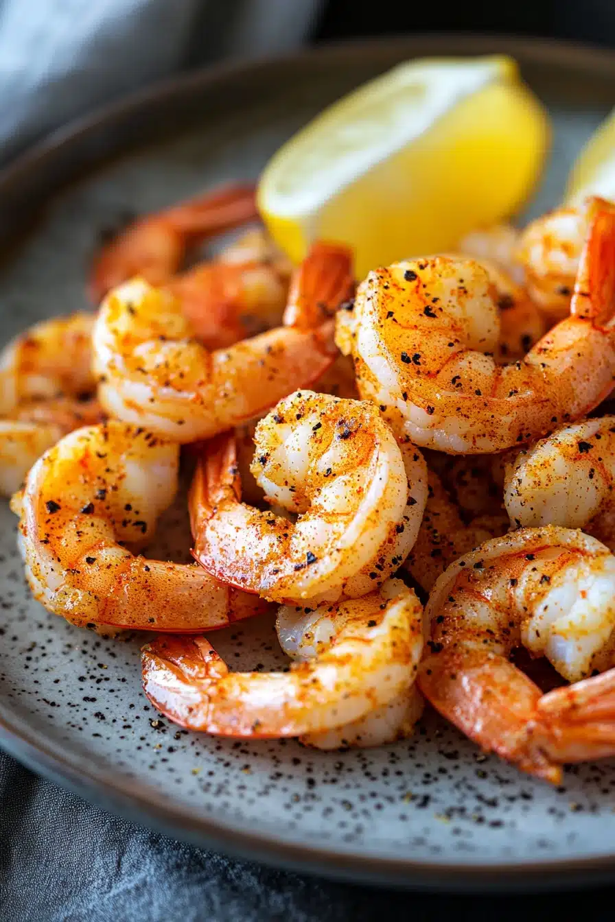 Close-up of air fryer shrimp with shell on, served on a clean white plate.