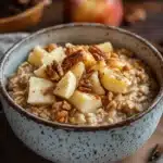 Close-up of apple cake oats with a sprinkle of cinnamon and apple slices