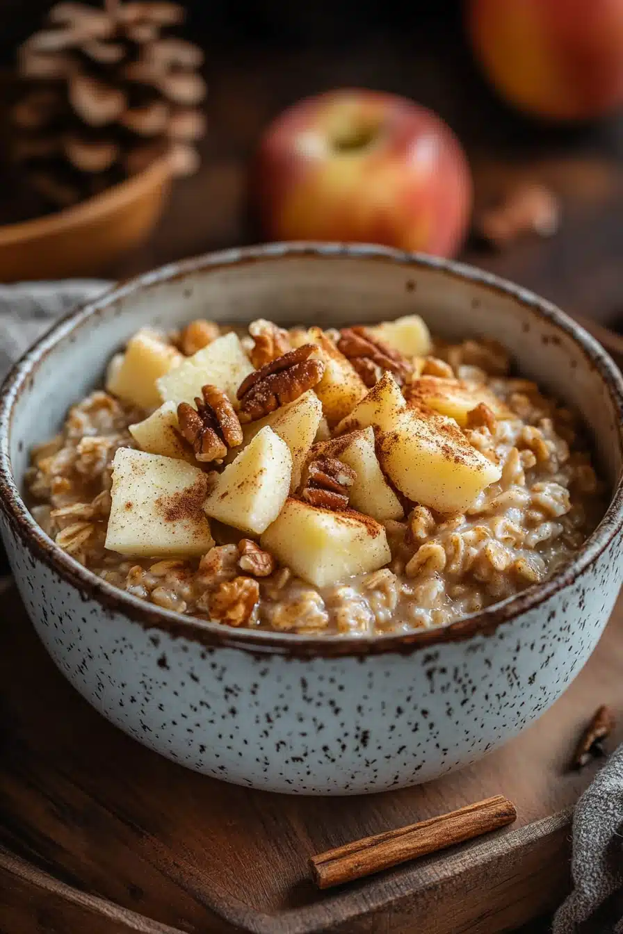 Close-up of apple cake oats with a sprinkle of cinnamon and apple slices