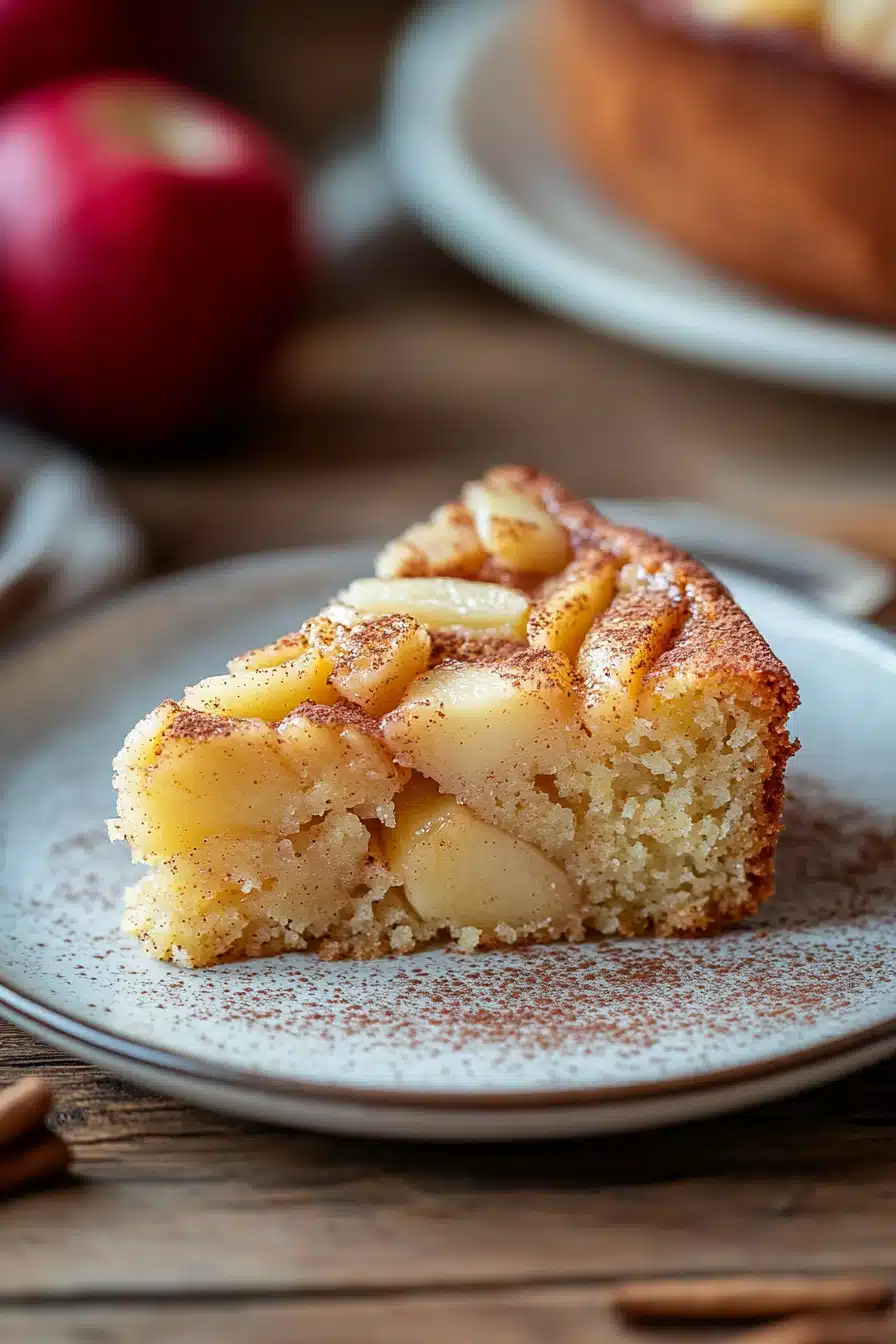 Close-up of a delicious apple cake slice with a golden crust and visible apple pieces.