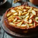 Close-up of a delicious apple cake topped with fresh apple slices on a clean background.
