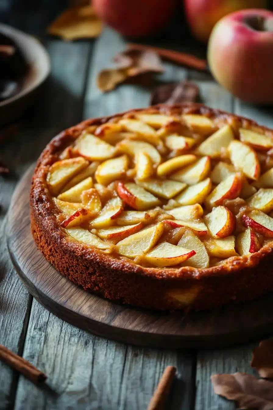 Close-up of a delicious apple cake topped with fresh apple slices on a clean background.