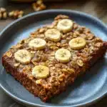Close-up of banana bread baked oatmeal with a golden crust and visible banana slices.