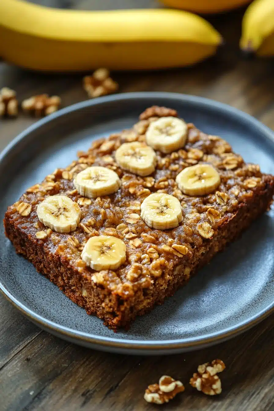 Close-up of banana bread baked oatmeal with a golden crust and visible banana slices.