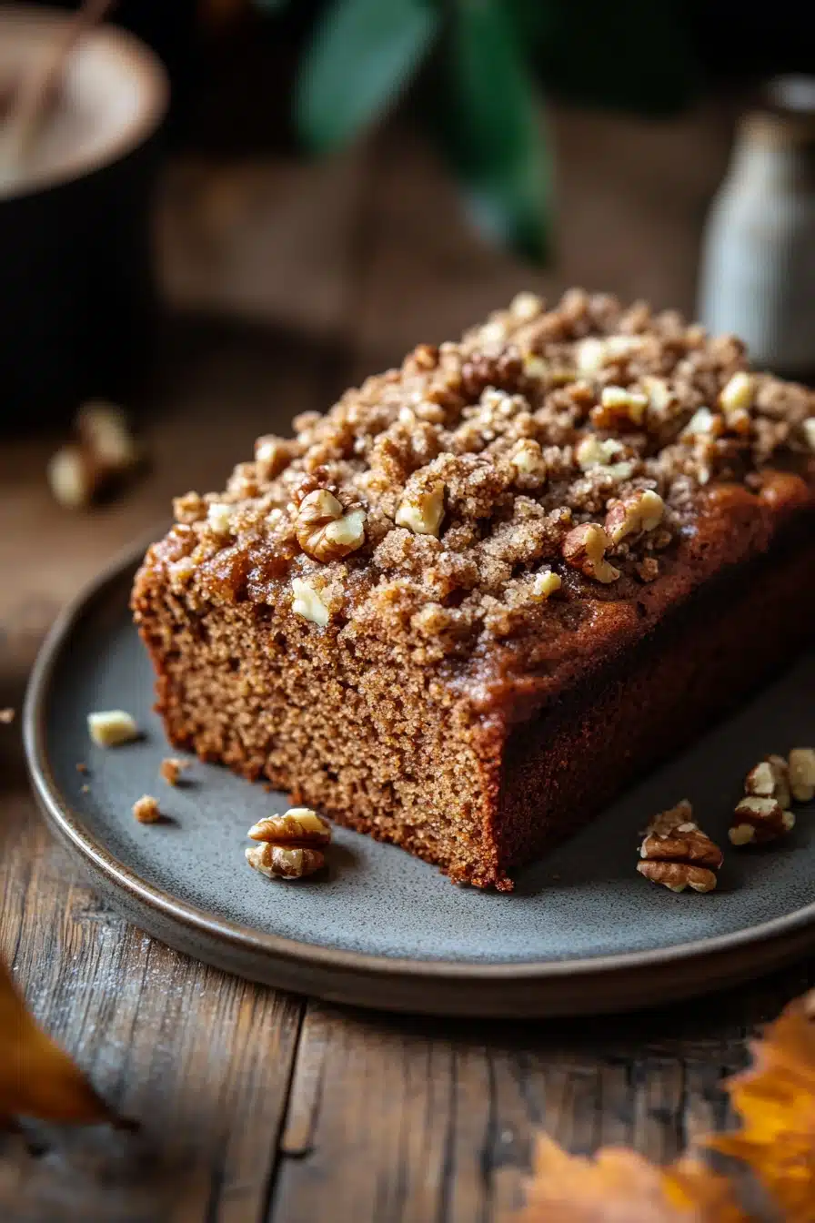 Close-up of banana bread coffee cake with a crumbly topping on a white plate.