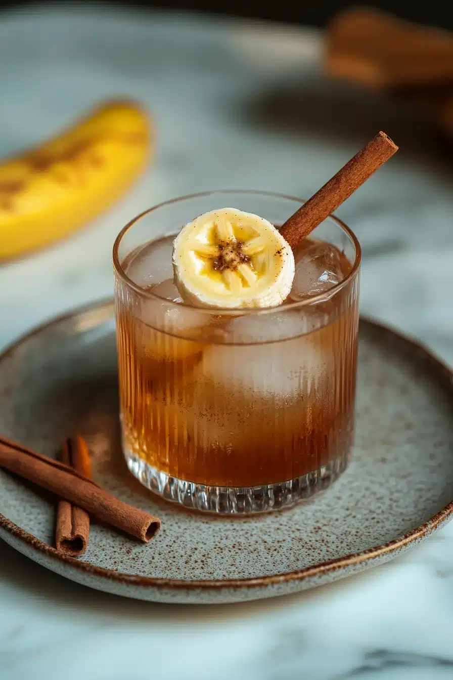 Close-up of a banana bread old fashioned cocktail with a garnish, bright and appetizing.