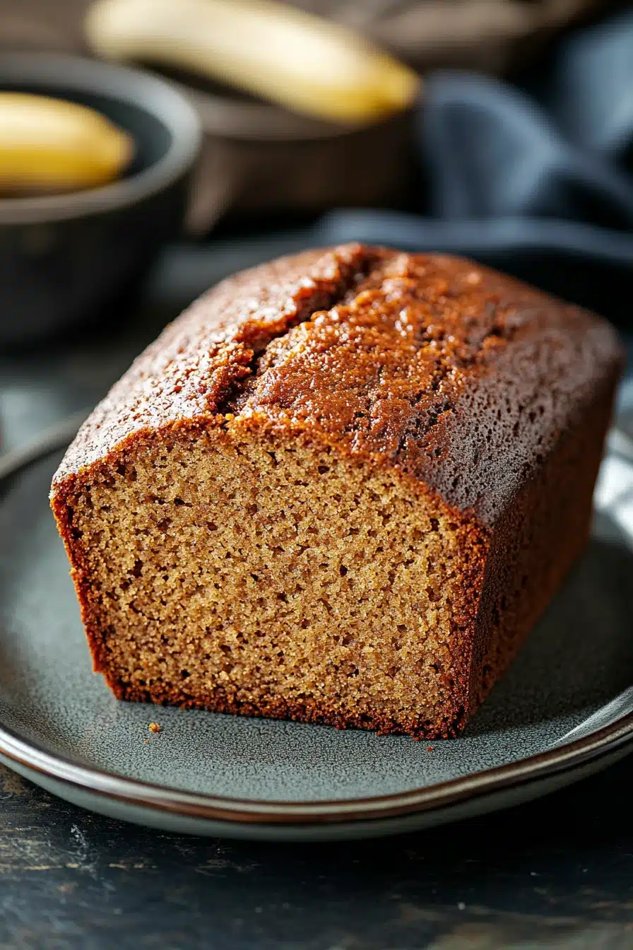 Close-up of homemade banana bread on a wooden board with a rustic background.