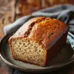 Close-up of freshly baked banana bread with two bananas on a wooden board.