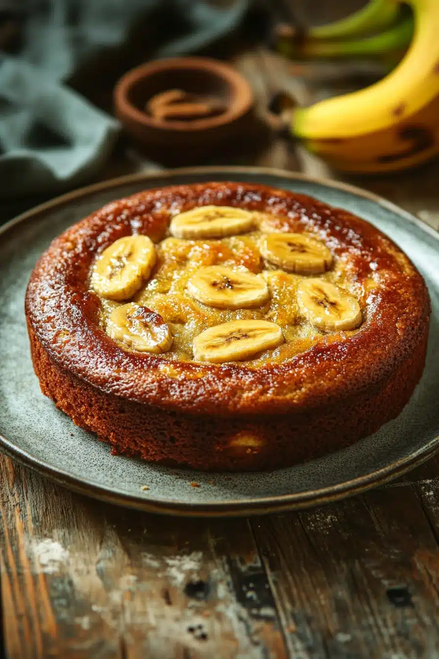Close-up of a banana cake with a slice cut out, showing moist texture and golden brown crust.
