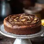 Close-up of banana cake with Nutella swirls on a clean white plate.