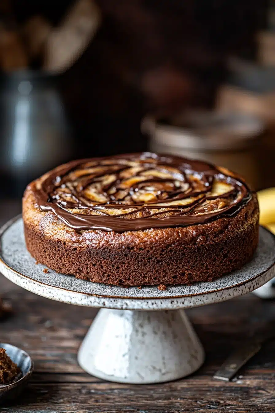Close-up of banana cake with Nutella swirls on a clean white plate.