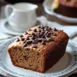 Close-up of a banana cake with chocolate, showcasing rich textures and a clean background.