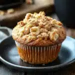 Close-up of a banana muffin dessert with a golden brown top and soft texture.